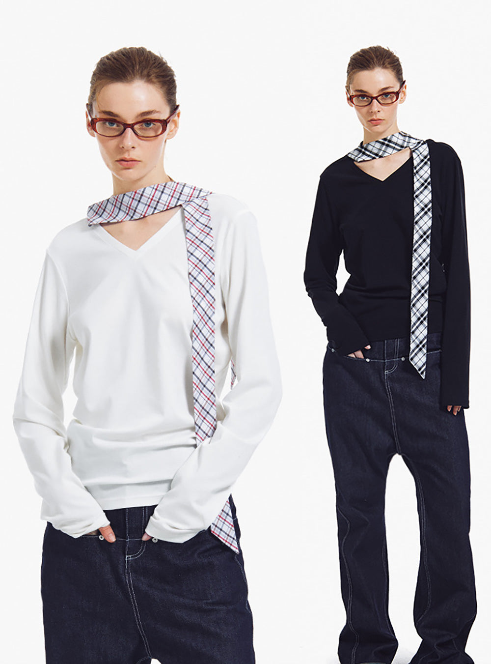 V-Neck Plaid Scarf Long Sleeve Top (2color)
