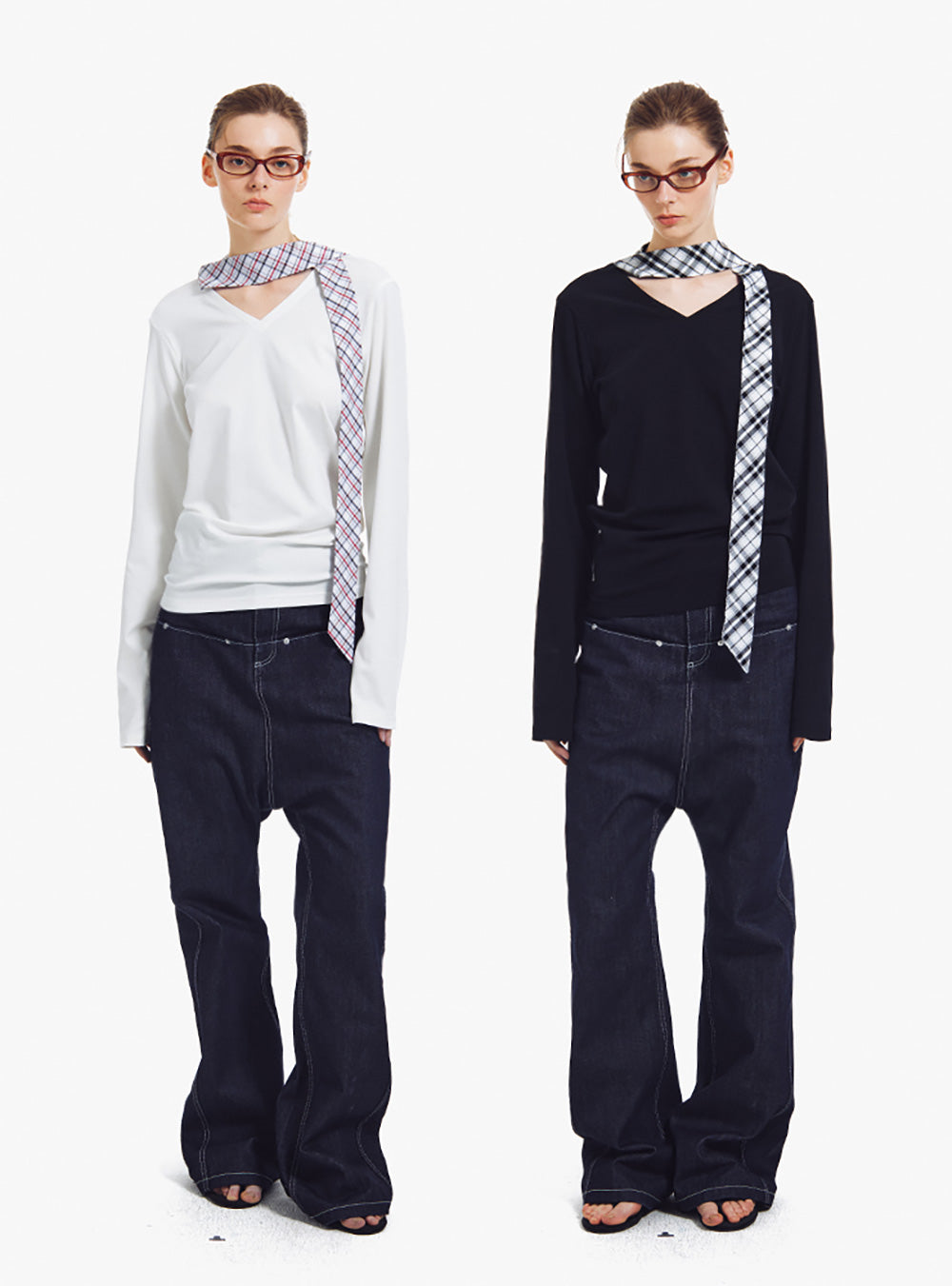 V-Neck Plaid Scarf Long Sleeve Top (2color)