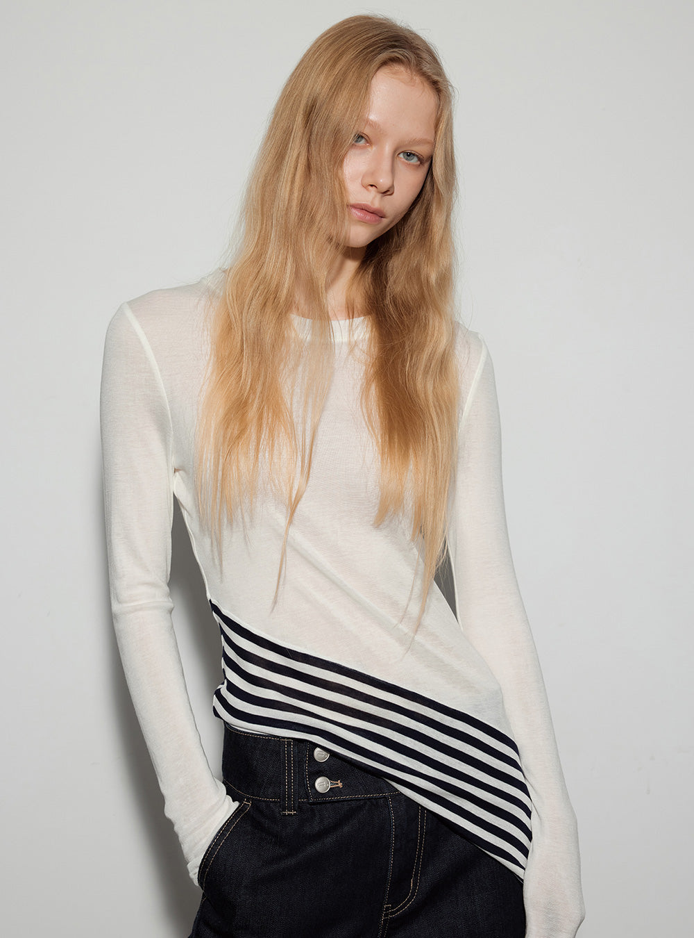 Striped Wool-Silk Long Sleeve Top (3color)