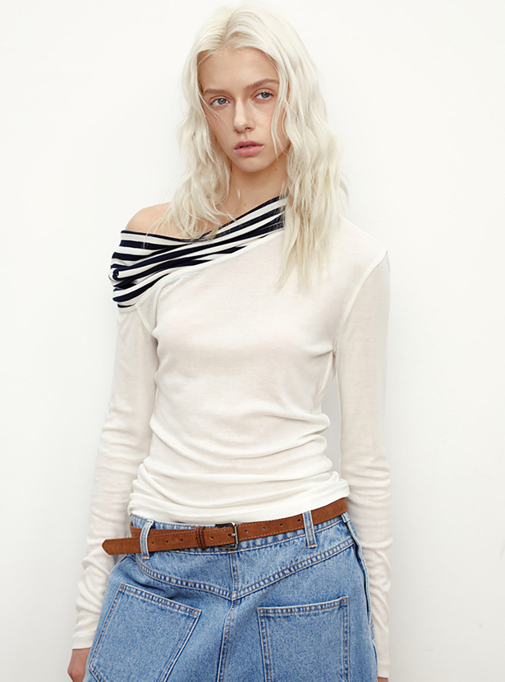 Draped Striped Wool-Silk Shoulder Top (2color)
