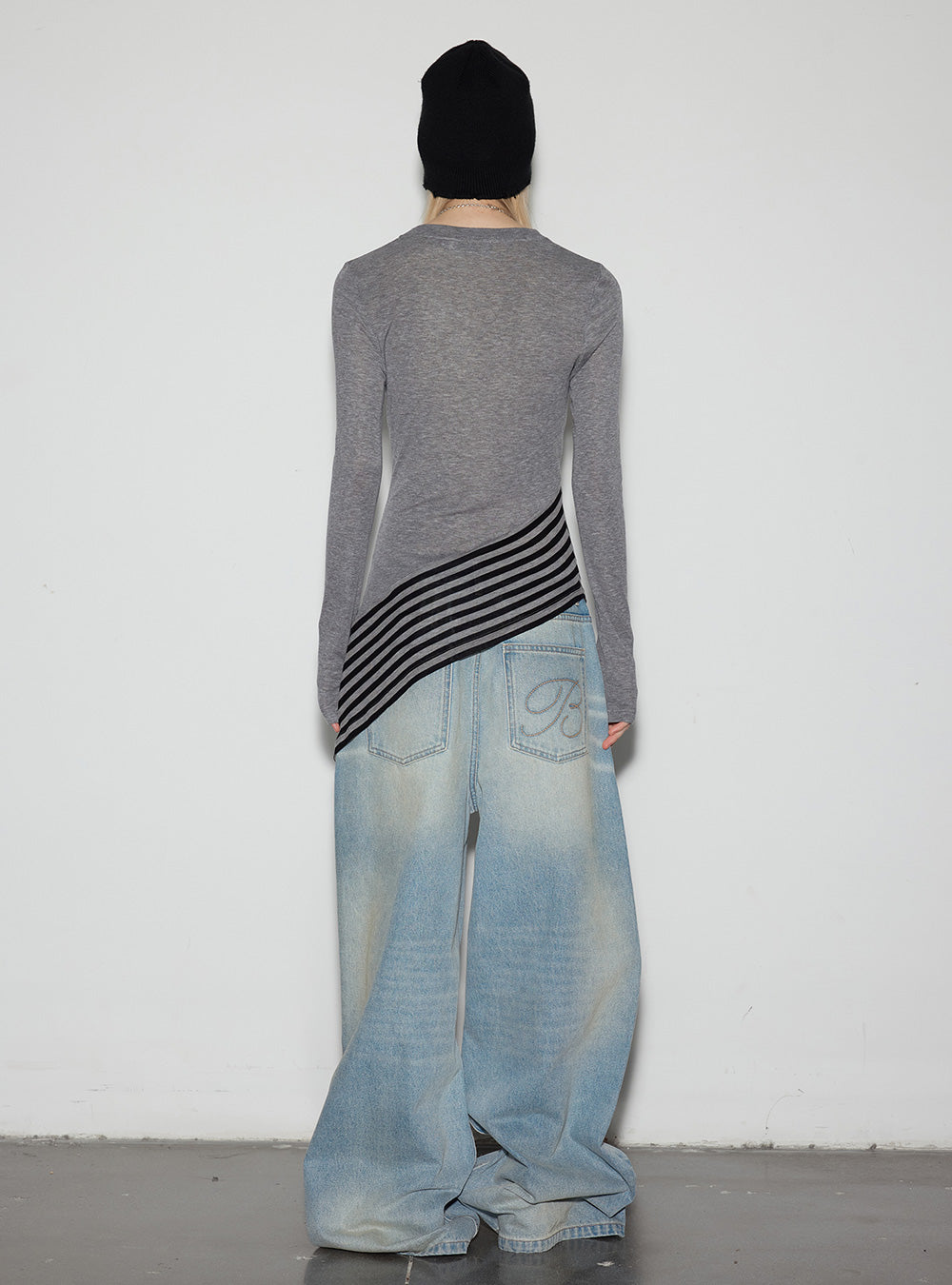 Striped Wool-Silk Long Sleeve Top (3color)