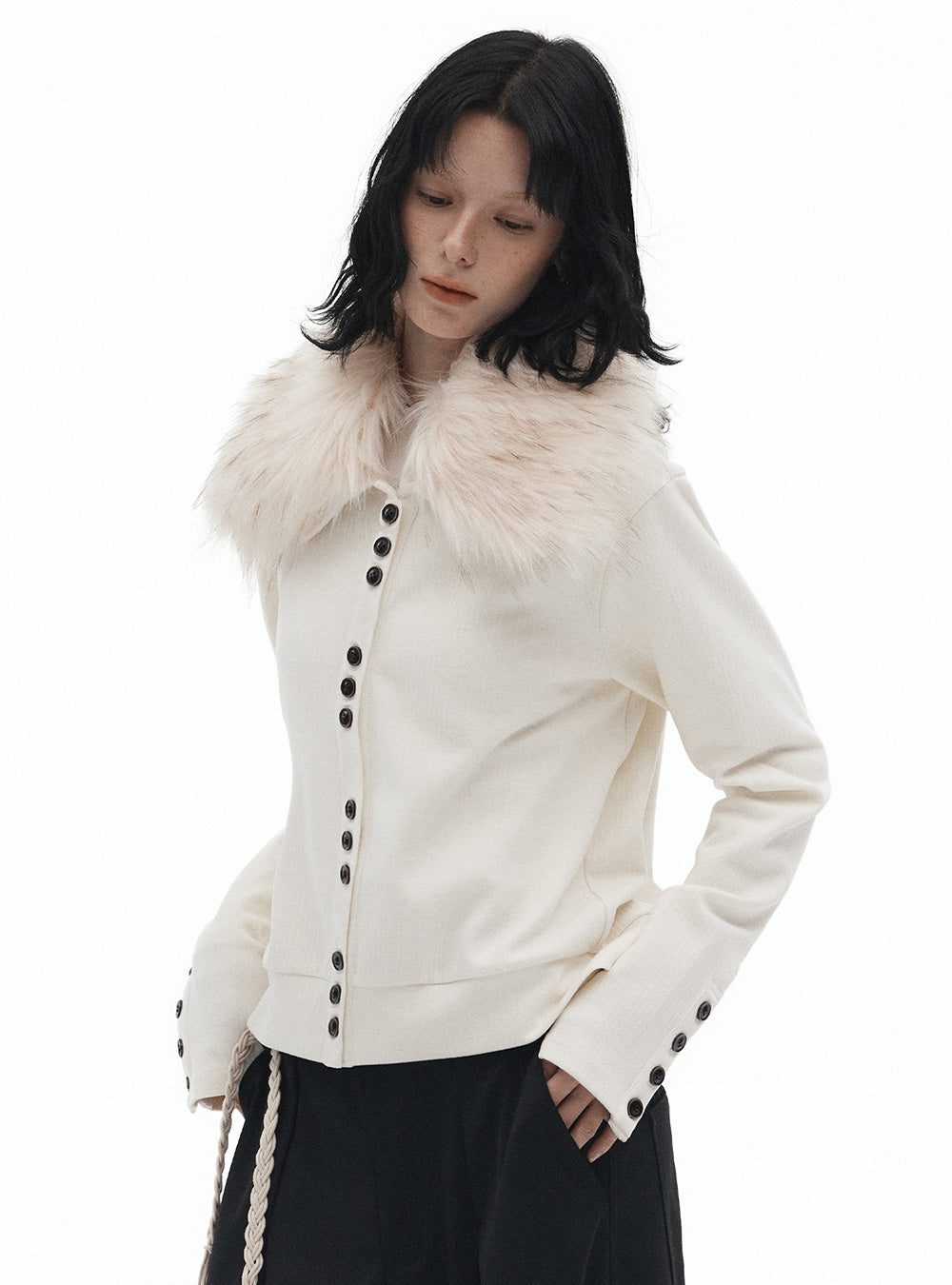 Detachable Faux Fur Collar Knit Cardigan