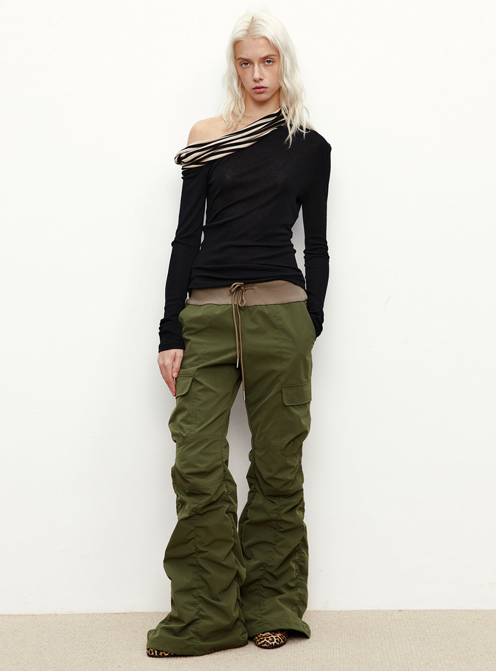 Draped Striped Wool-Silk Shoulder Top (2color)