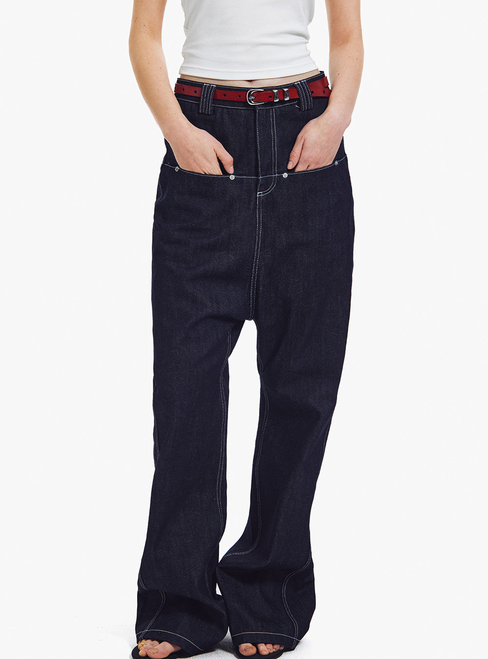 Contrast Stitch Drop-Crotch Denim Pants