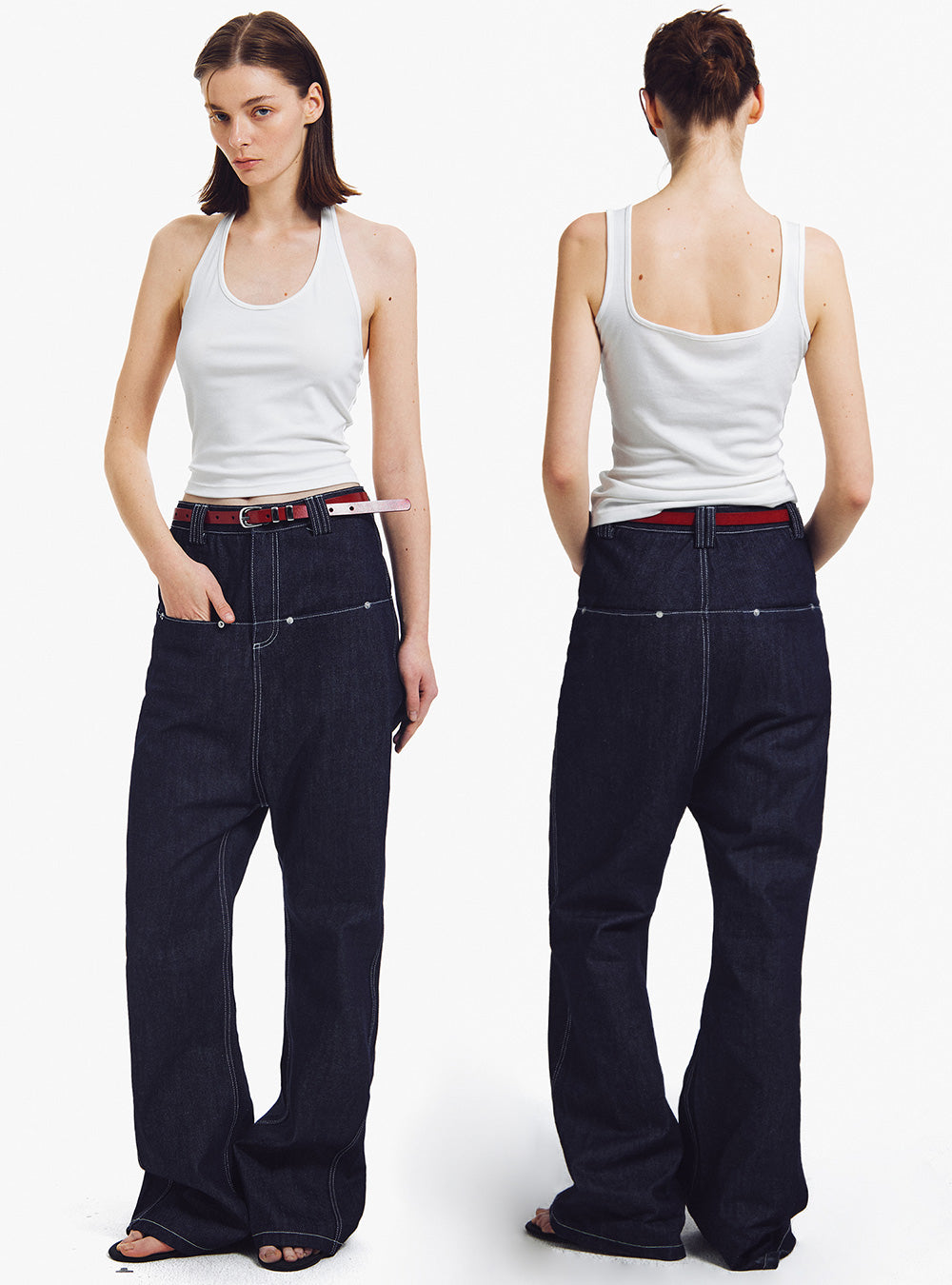 Contrast Stitch Drop-Crotch Denim Pants