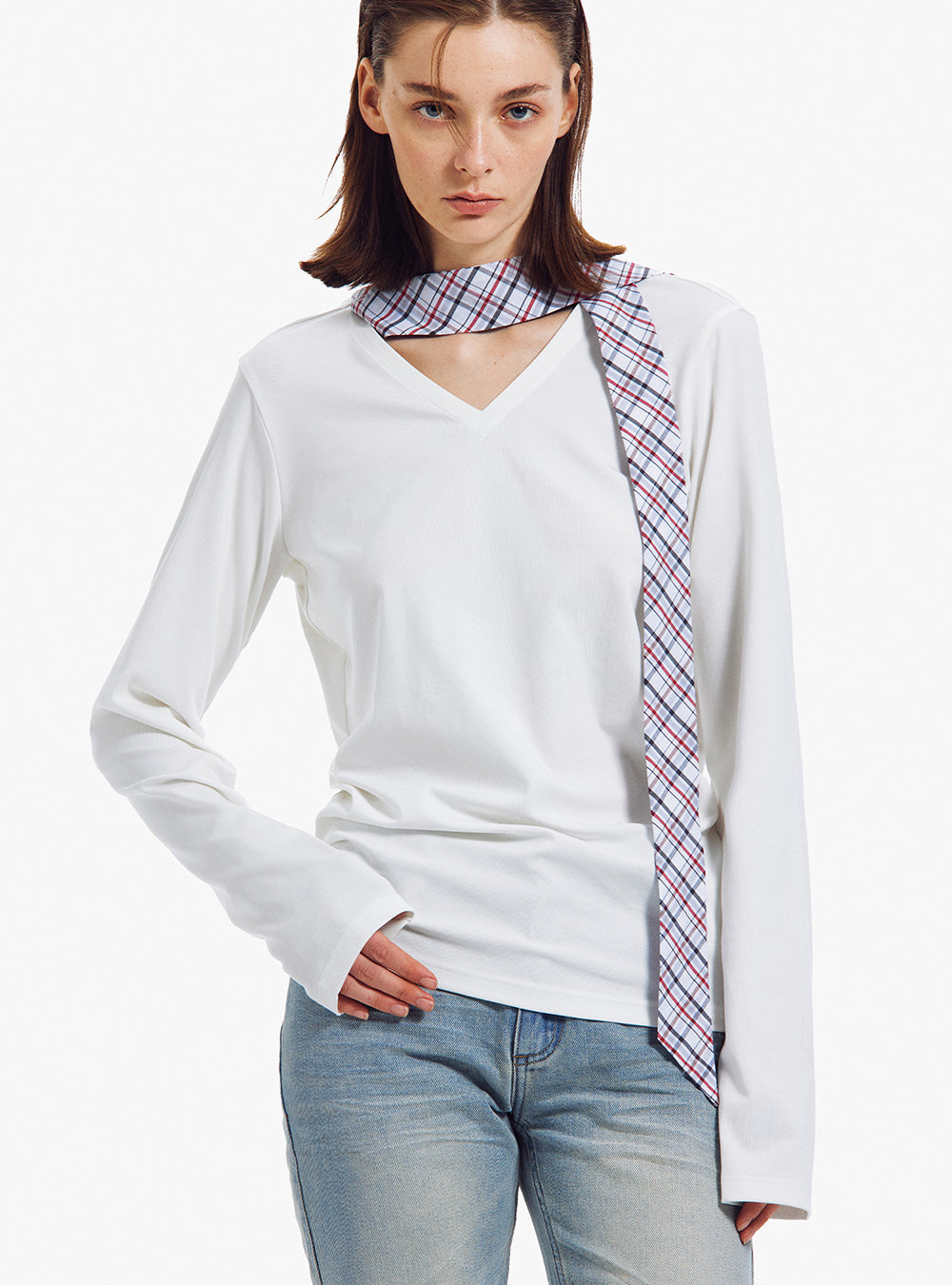 V-Neck Plaid Scarf Long Sleeve Top (2color)