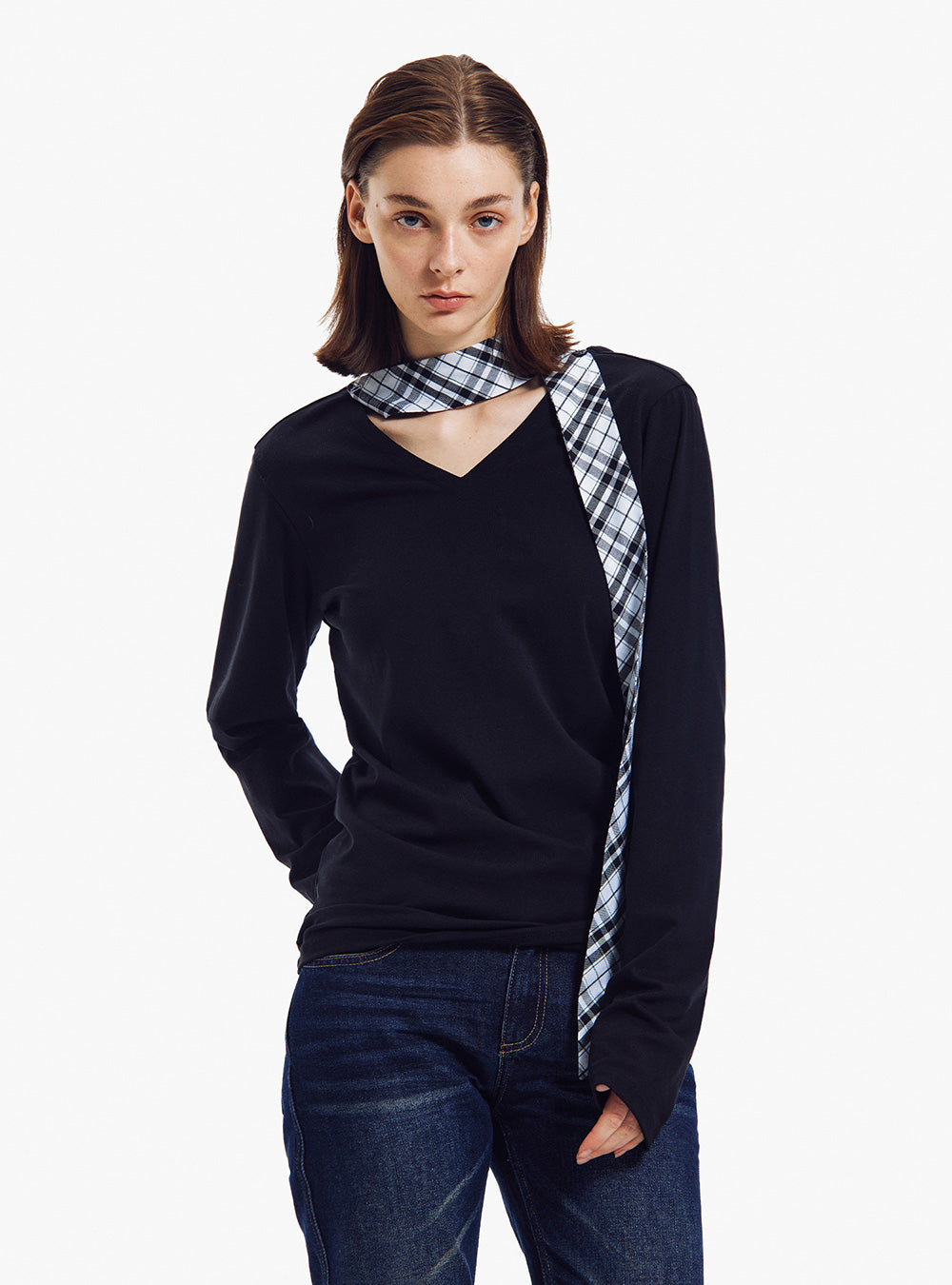 V-Neck Plaid Scarf Long Sleeve Top (2color)