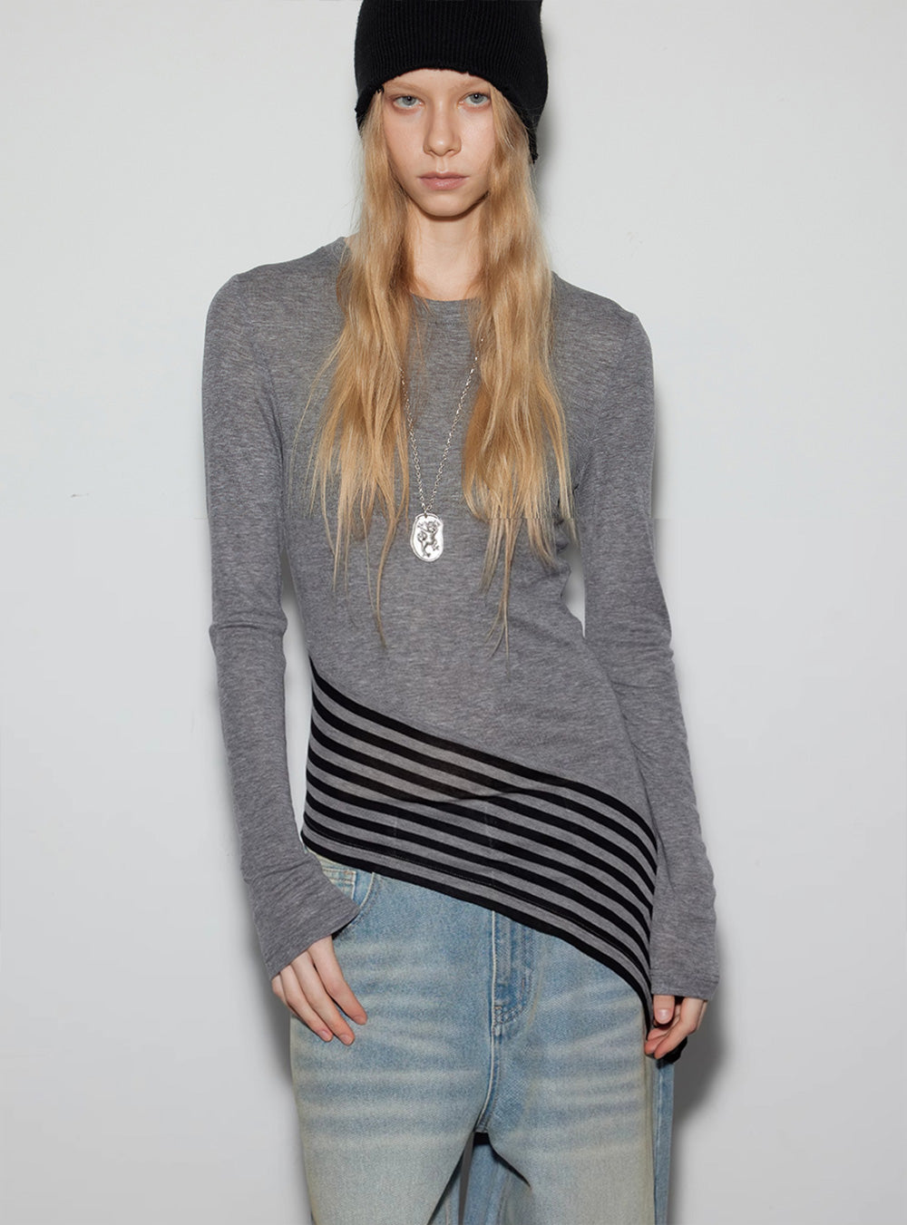 Striped Wool-Silk Long Sleeve Top (3color)