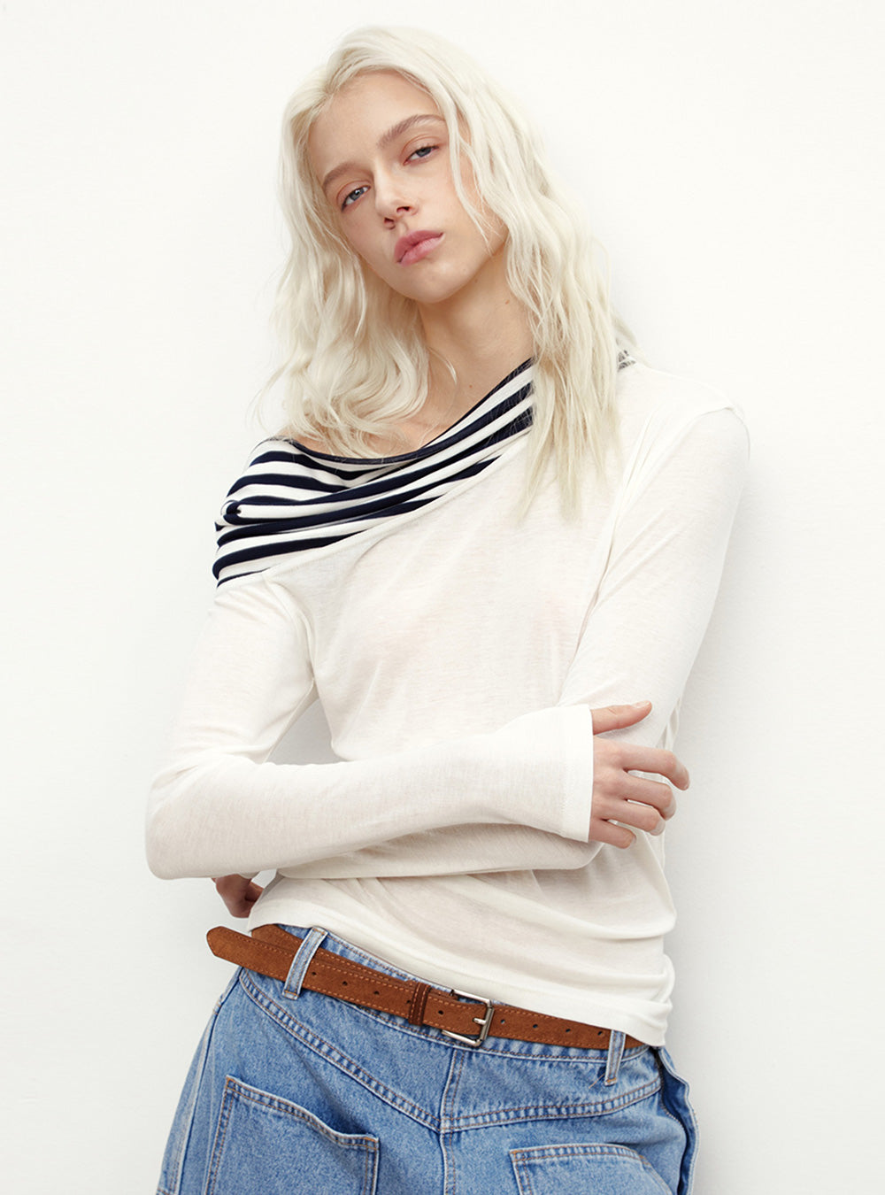 Draped Striped Wool-Silk Shoulder Top (2color)