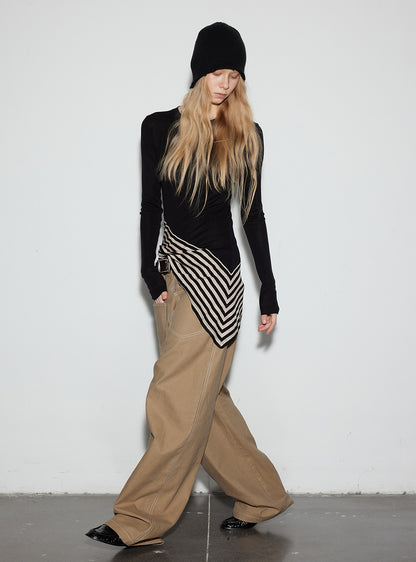 Striped Wool-Silk Long Sleeve Top (3color)