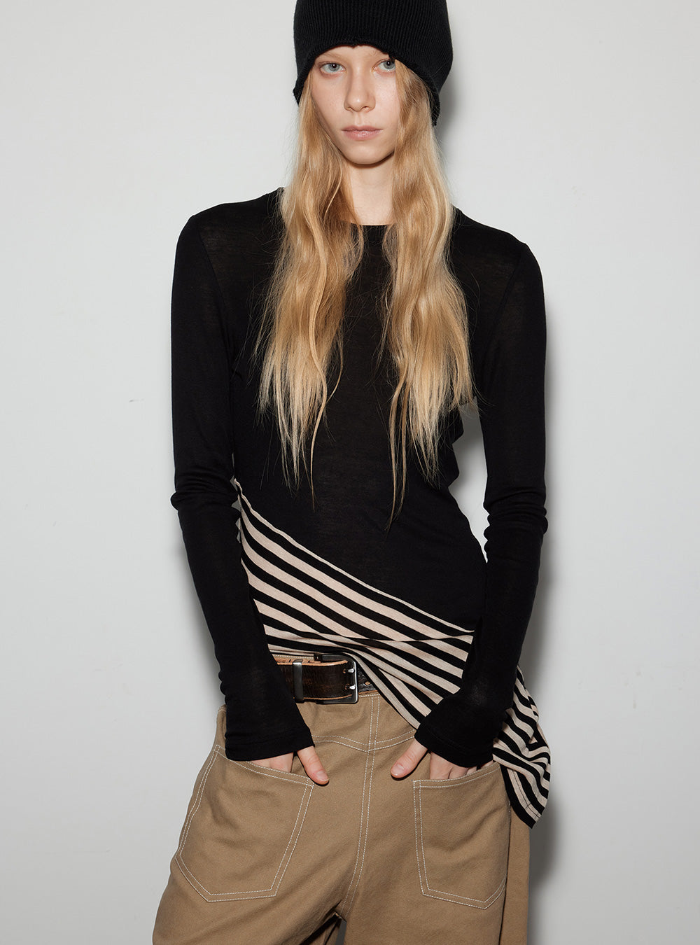 Striped Wool-Silk Long Sleeve Top (3color)