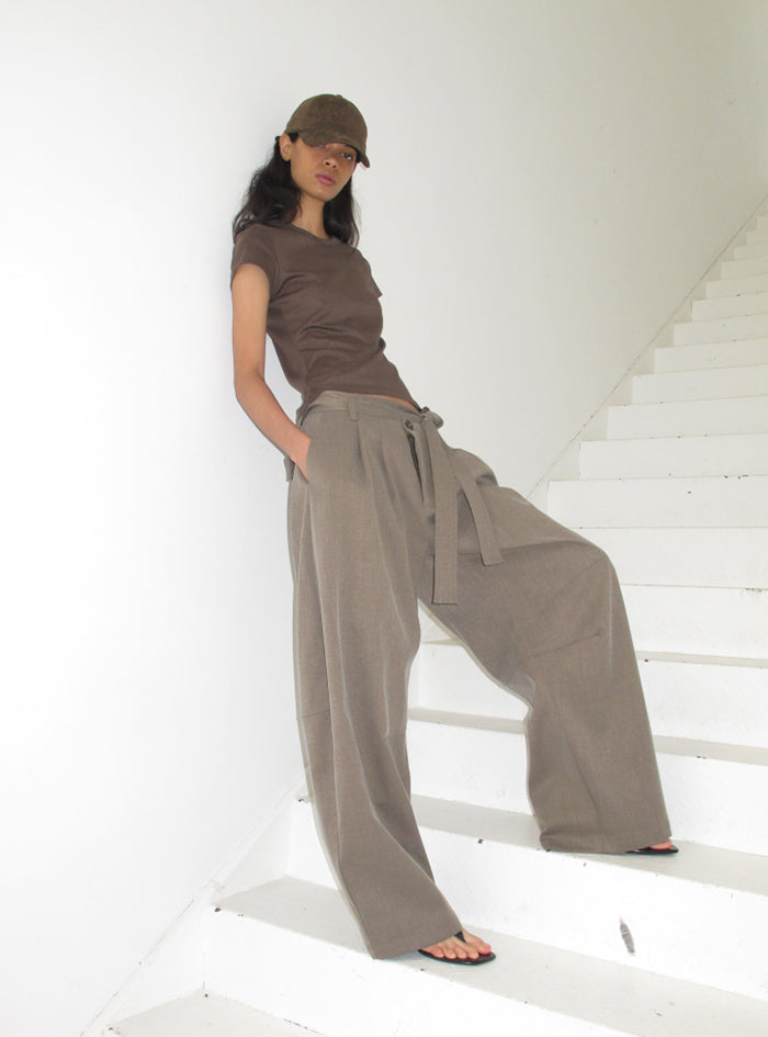 Frosted Texture Belted Wide Pants